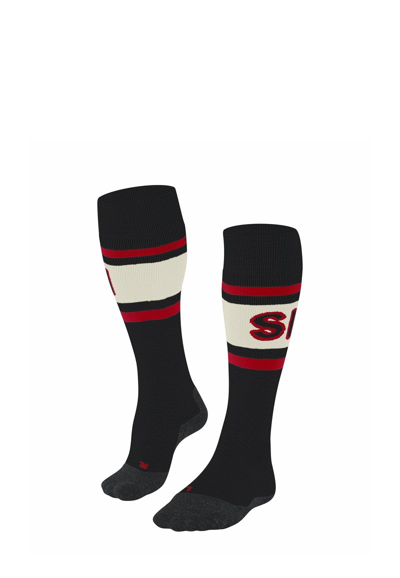 Calze nere fino al ginocchio con righe rosse e crema, dotate di una texture a costine e dettaglio del logo. Sezioni del tallone e delle dita rinforzate.