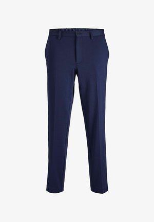Pantaloni blu navy realizzati in un tessuto morbido ed elastico, con chiusura frontale a bottone e zip, e tasche laterali. Design a gamba dritta sartoriale.