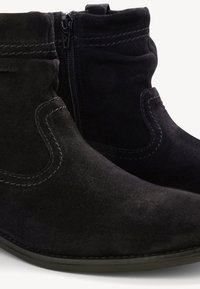 Une paire de bottines noires en daim avec fermeture éclair latérale et coutures décoratives sur fond blanc.