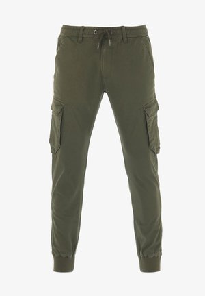Pantalones cargo verde oliva con cintura elástica y cordón. Incluyen dos bolsillos laterales y puños ajustados en los tobillos. Tejido de mezcla de algodón.