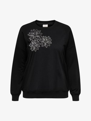 Zwarte trui met lange mouwen en drie bloemmotieven in contourlijn, versierd met kleine witte kralen op de bovenste linkerborst.
