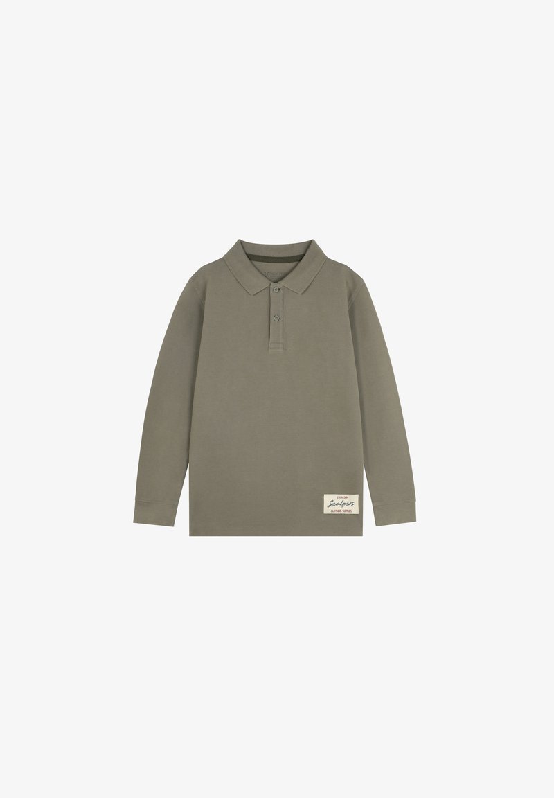 Long-sleeve olive green polo shirt with a collar, three-button placket, and a rectangular logo patch on the bottom right.