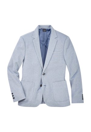 Hellblaues Herren-Sakko mit Kerbkragen, zwei aufgesetzten Fronttaschen, geknöpften Manschetten und zwei vorderen Knöpfen, vor weißem Hintergrund dargestellt.