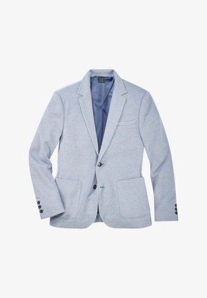 Light blue men's blazer with notch lapels, two front patch pockets, buttoned cuffs, and two front buttons, displayed against white background.