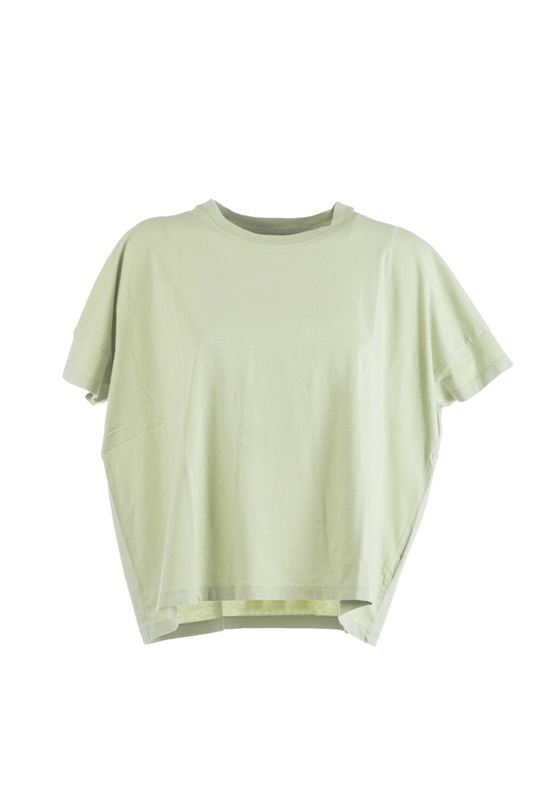 T-shirt oversize verde chiaro realizzata in cotone morbido, con collo a giro e maniche corte, caratterizzata da un orlo leggermente curvato.
