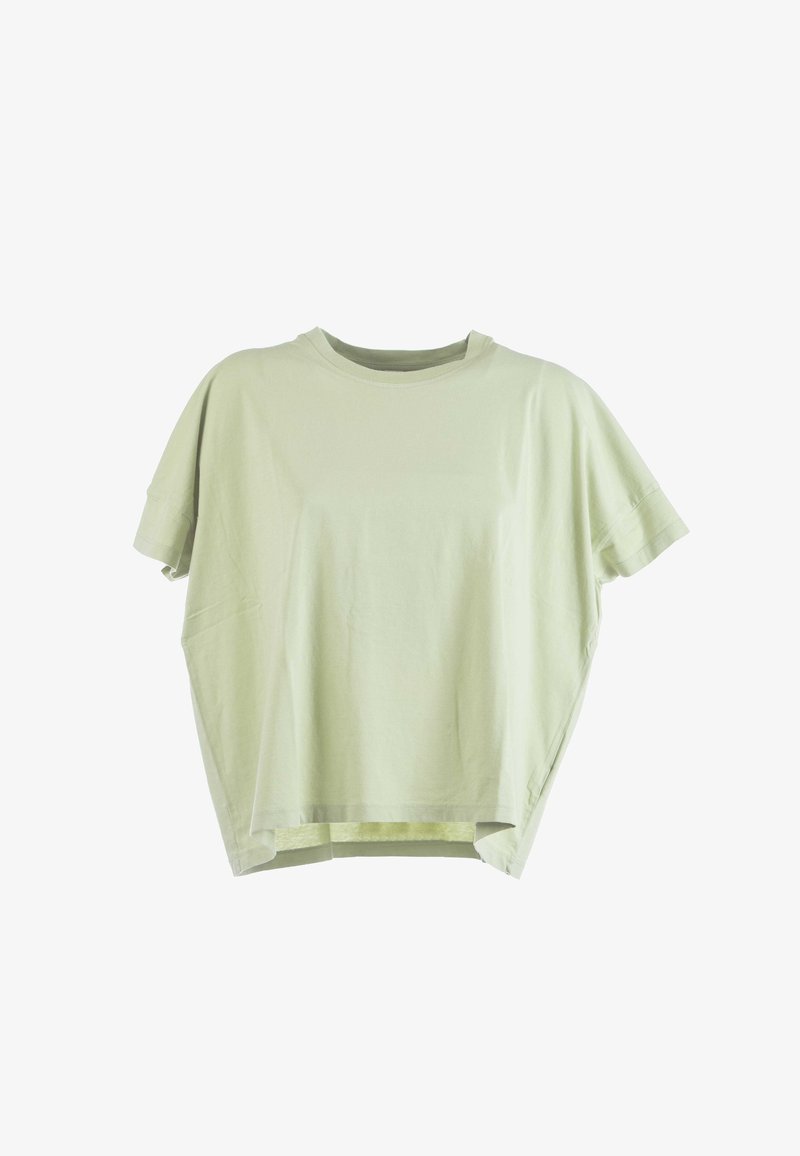 T-shirt oversize verde chiaro realizzata in cotone morbido, con collo a giro e maniche corte, caratterizzata da un orlo leggermente curvato.