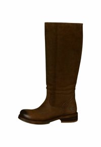 Stivali marroni alti fino al ginocchio in suede con punta in pelle liscia. Presentano un tacco basso e un sottile logo a farfalla di lato.