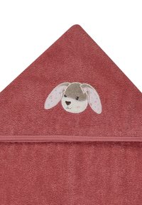 Cotton bath towel in dark pink with a hood. Features embroidered bunny face with long ears and subtle pastel accents. Soft texture.