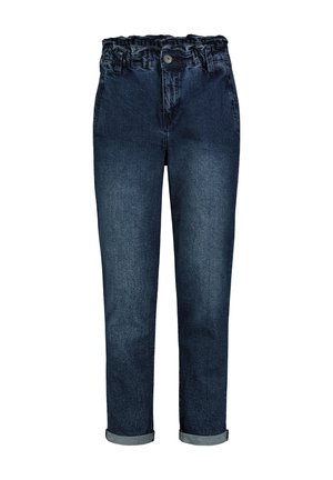 Donkerblauwe denim jeans met een verzamelde elastische tailleband, voorknoopsluiting en omgeslagen pijpen. Bevat twee zijzakken en heeft een casual pasvorm.