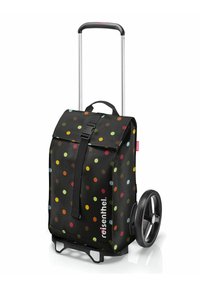 Valise à roulettes noire avec des pois multicolores. Elle dispose d'une poignée rétractable et de roues robustes. Fabriquée à partir de matériaux durables avec un rabat pliable.