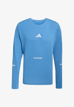T-shirt de sport à manches longues bleu clair en tissu lisse et capable d'évacuer l'humidité. Présente un logo adidas blanc et des accents réfléchissants sur les manches.