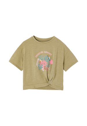 Light olive green short-sleeve cropped t-shirt with front knot, floral and leaf graphic in pink, blue, and green, and "Paradise Summer" text.