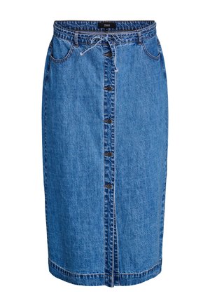 Zila džinsa midi svārki ar priekšējo pogu aizdari, jostas cilpām, kabatām un auklu jostā.
