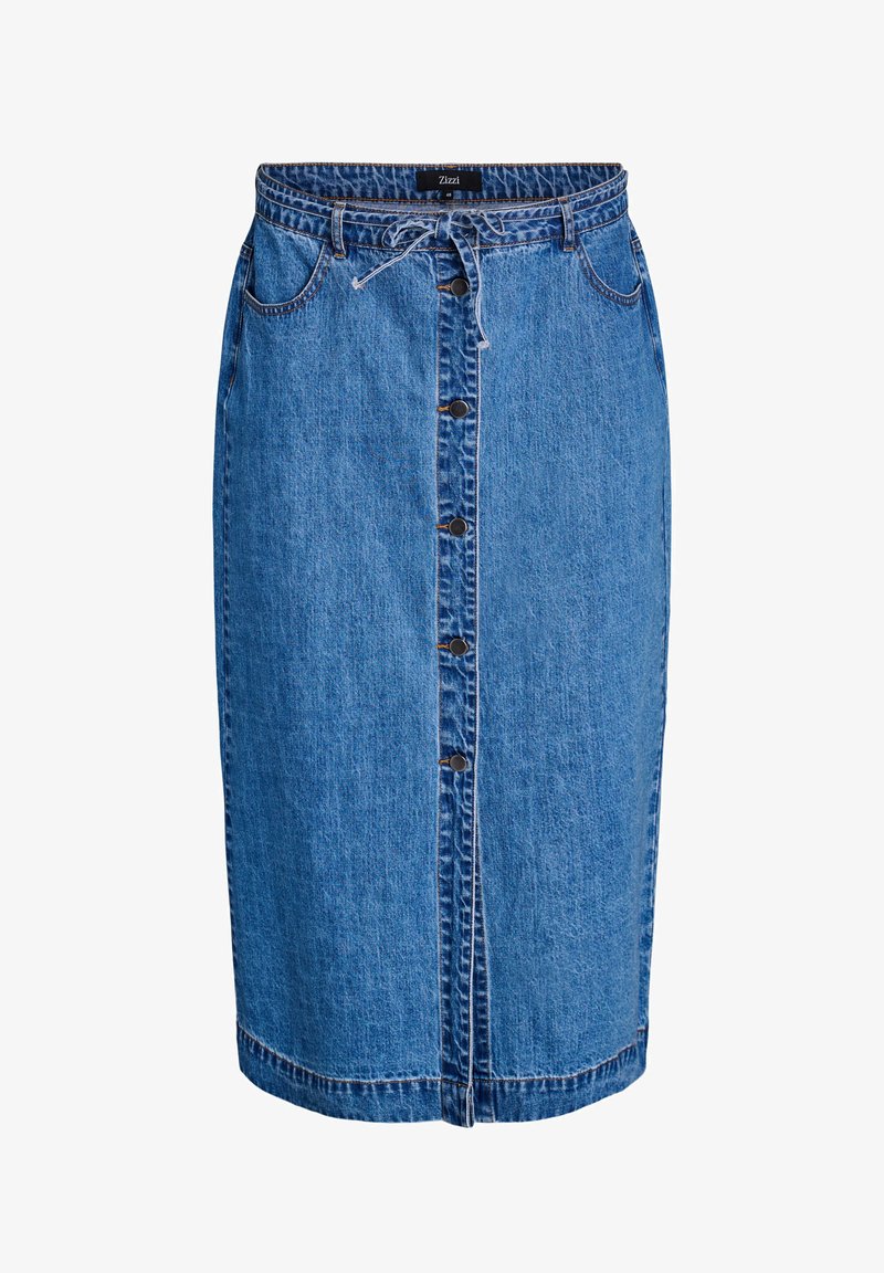 Modrá rifľová midi sukňa s predným zapínaním na gombíky, pútkami na opasok, vreckami a sťahovacím šnúrkou v páse.