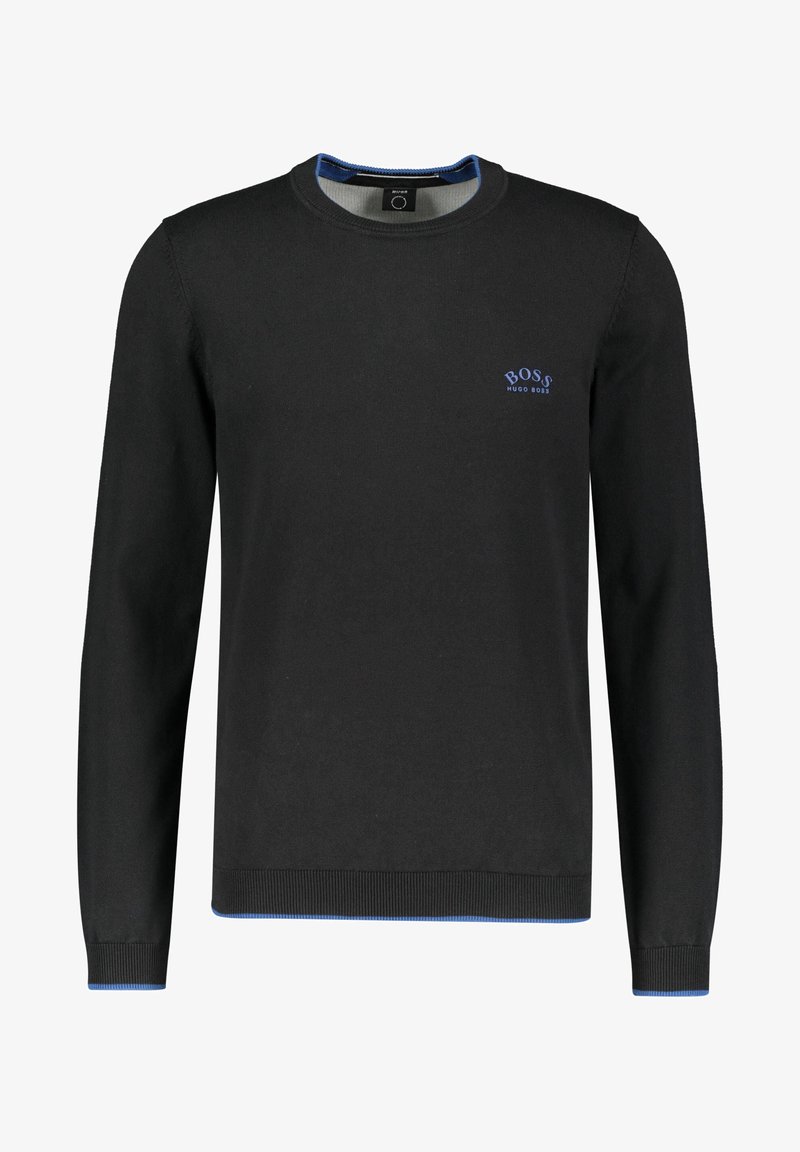 Pull noir à manches longues avec col rond, bordures bleues et petit logo bleu "BOSS HUGO BOSS" sur le côté gauche de la poitrine.