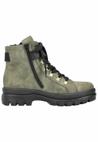 Bottines en cuir vert à lacets avec une semelle en caoutchouc noir, des accents en métal doré et une fermeture éclair latérale pour un accès facile. Fini texturé.