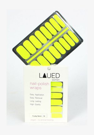 Neon gelber Nagellack in schwarzer Verpackung und weißer Schachtel mit der Aufschrift LAUED, mit Anweisungen zur Anwendung, Entfernung und Qualitätsmerkmalen, vegan und tierversuchsfrei.