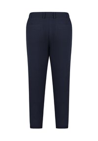 Navy blue trousers with a tapered fit, featuring a soft-textured fabric, elastic waistband, and two rear pockets.