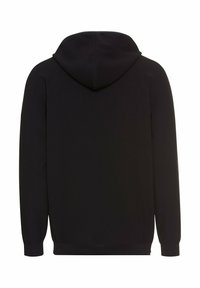 Schwarzer Hoodie aus strukturiertem Stoff, mit einer Kapuze mit Kordelzug, gerippten Bündchen und einem geraden Saum. Die Rückansicht zeigt ein nahtloses Design.