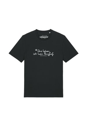 T-shirt noir à manches courtes avec col rond et texte manuscrit blanc en allemand disant "Das Leben ist kein Ponyhof."