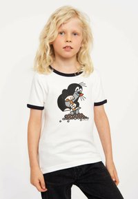 White t-shirt with navy ribbed crew neckline, featuring a graphic of a cartoon mole digging with a spade, printed on the front.