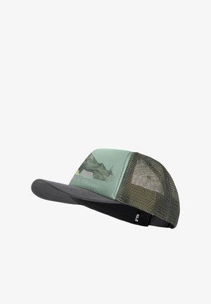 Casquette de camionneur en mesh vert et gris avec un motif de montagne et le texte "Nomads" sur le panneau avant, sangle ajustable à l'arrière.