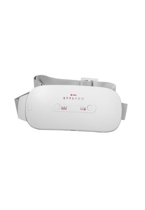 StylPro-Gerät mit weißem Kunststoffgehäuse, grauem verstellbarem Riemen und drei Bedienknöpfen auf der Vorderseite. Minimalistisches Design, kompakte Form.