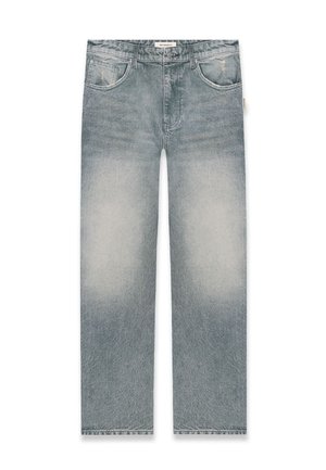 Grey faded straight-leg denim jeans with four pockets, belt loops, button closure, and subtle distressing near the front pockets.