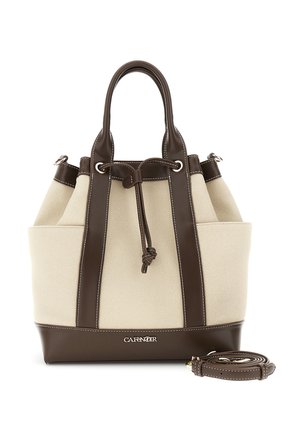 Bolsa tote de lona beige con asas, bordes y cierre de cordón de cuero marrón oscuro, y una correa de hombro desmontable, con el logo "CAFNOIR".