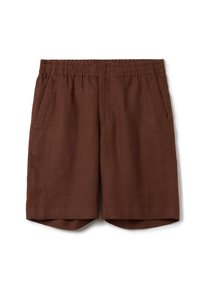 Pantaloni corti in lino marrone con cintura elastica, due tasche laterali e una vestibilità comoda. Parte anteriore piatta e bordi orlati.