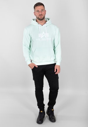 Hoodie vert menthe avec logo, poche kangourou, capuche avec cordon de serrage ; associé à un pantalon cargo noir et des baskets noires. Texture lisse, design décontracté.