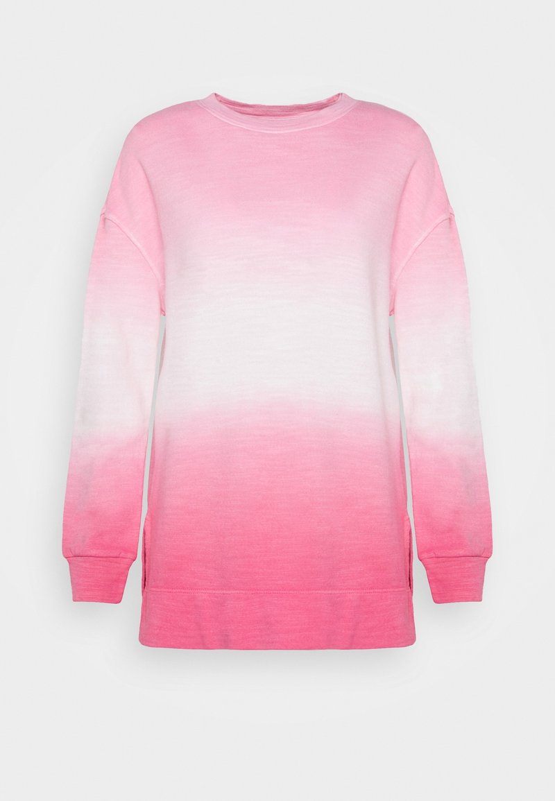 Sudadera de manga larga con cuello redondo y degradado ombré de rosa a blanco, puños acanalados y aberturas laterales en el dobladillo, mostrada sobre un fondo liso.
