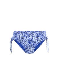 Bikini-Unterteil in Blau und Weiß mit Leopardenmuster, gerafften Seiten, Kordelzug und glatter Stofftextur.