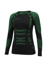 Black long-sleeve base layer with green accents. Features textured patterns and lines. Made from breathable, stretchable fabric.