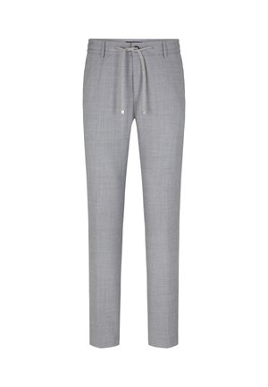 Graue Jogginghose mit einem leichten, strukturierten Stoff. Sie verfügt über ein schmal zulaufendes Bein und silberne Beschläge an der Kordel.