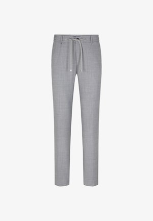 Graue Jogginghose mit einem leichten, strukturierten Stoff. Sie verfügt über ein schmal zulaufendes Bein und silberne Beschläge an der Kordel.