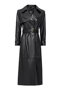 Zwarte leren trenchcoat met een ceintuur in de taille, grote revers en dubbele knopen. Gladde textuur met een lange, rechte silhouet.