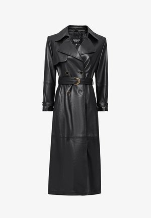 Cappotto trench in pelle nera con vita cinturata, ampi risvolti e bottoni doppi. Texture liscia con una silhouette lunga e dritta.