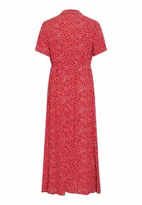 Robe midi rouge à manches courtes avec motif de points blancs irréguliers, taille froncée et col, vue de dos sur fond blanc.