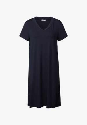 Granatowa sukienka z krótkim rękawem z dekoltem w kształcie V, wykonana z miękkiego materiału, o luźnym kroju, sięgająca powyżej kolan. Bez wzorów ani akcentów.