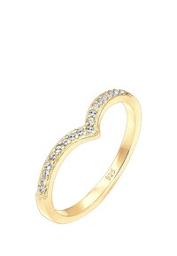 Vergoldeter Ring mit wellenförmigem Design, verziert mit kleinen klaren Kristallen entlang der oberen Kante. Innen im Ring mit "925" gestempelt.