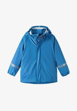 Blaue wasserdichte Jacke mit Kapuze, elastischen Bündchen und reflektierenden Streifen an den Ärmeln. Glatte Textur und Frontverschluss mit Druckknöpfen.