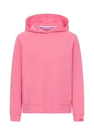 Różowa bluza z kapturem, z przednimi kieszeniami kangurzymi, długimi rękawami i subtelnym napisem "FRIEDA" na piersiach.