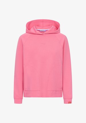 Różowa bluza z kapturem, z przednimi kieszeniami kangurzymi, długimi rękawami i subtelnym napisem "FRIEDA" na piersiach.