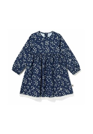 Granatowa sukienka z długim rękawem z białym kwiatowym wzorem, marszczonym stanem, zapięciem na guziki z tyłu i białą koronkową lamówką na dole.