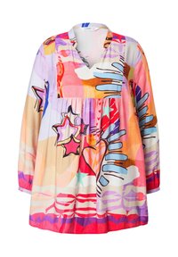 Robe colorée, ample, à manches longues, décolleté en V et taille froncée. Présente des motifs abstraits dans des teintes de rose, d'orange et de violet.