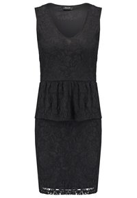 Robe noire sans manches jusqu'au genou avec motif en dentelle florale et détail taille ceinturée à volant.