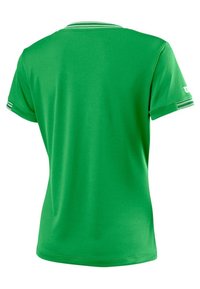 Zielona koszulka sportowa wykonana z gładkiego, oddychającego materiału. Posiada okrągły dekolt z paskiem w paski i krótkie rękawy. Prosty design.