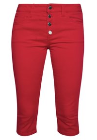 Pantalons capri en coton rouge avec une fermeture à cinq boutons, deux poches avant et une texture lisse. Longueur mi-mollet avec une coupe ajustée.