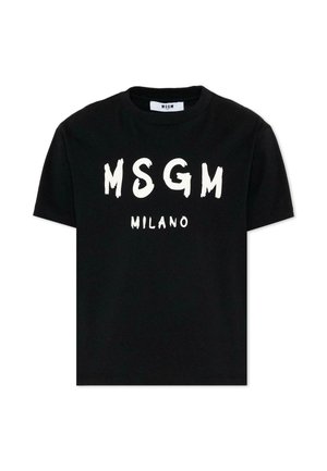 T-shirt noir à manches courtes avec un grand texte blanc "MSGM" et un texte plus petit "MILANO" en dessous, au centre devant.